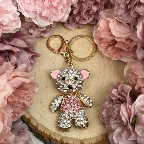 Pink and Silver Crystal Teddy Bear Keychain Charm - Picture 5 of 13